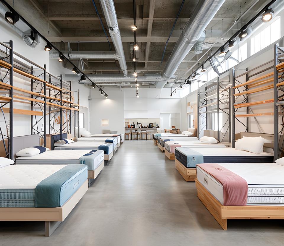 Interior of the Carnforth Avenue showroom with exposed ducting, concrete floors and rows of beds