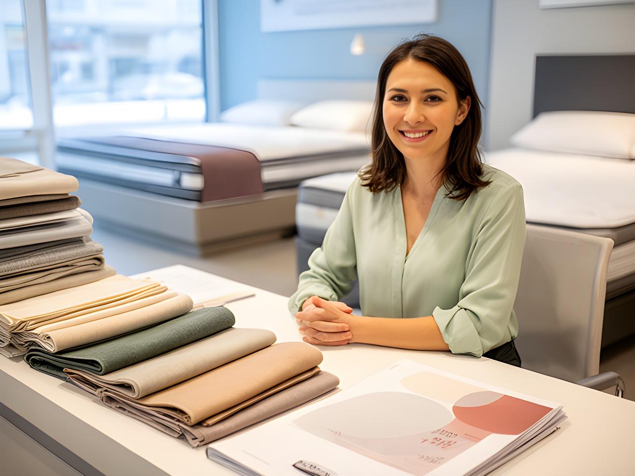 Friendly showroom adviser at a bedding desk beside fabric samples and mattress brochures