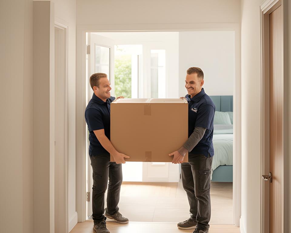 Two delivery staff carrying a boxed mattress through a residential doorway in Wakefield