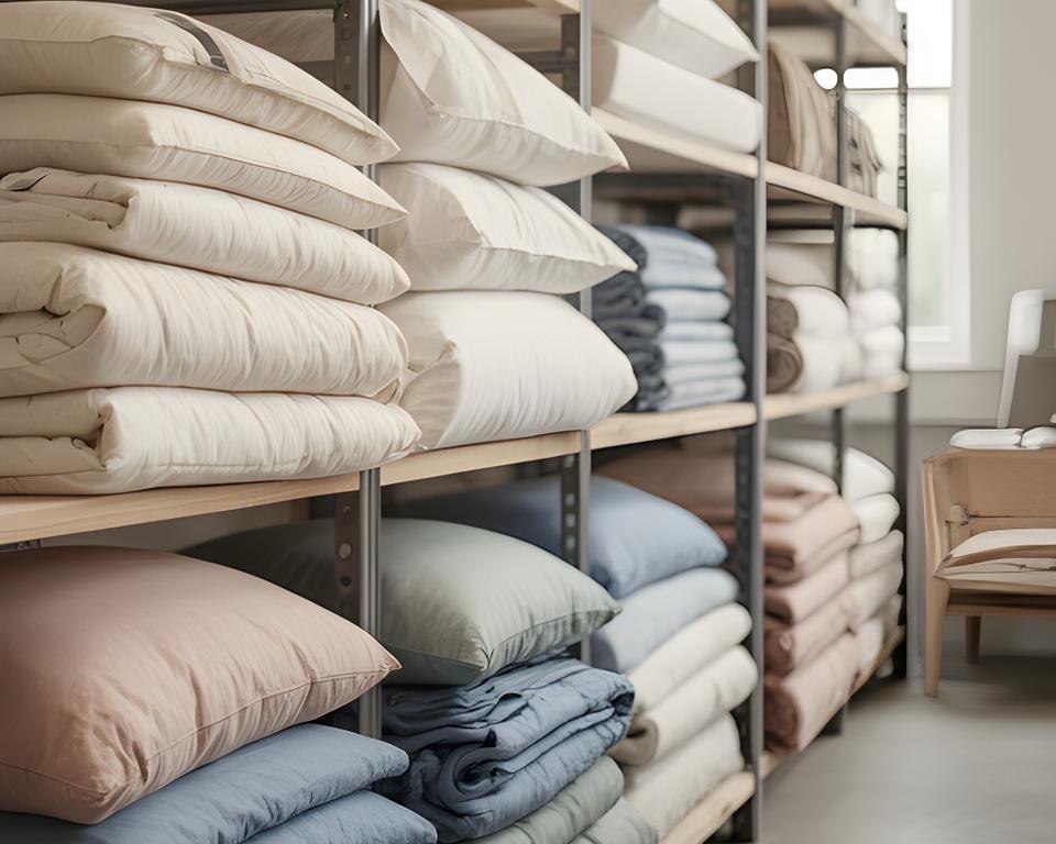 Folded cotton sheets, duvets and pillows arranged on open shelving in the showroom