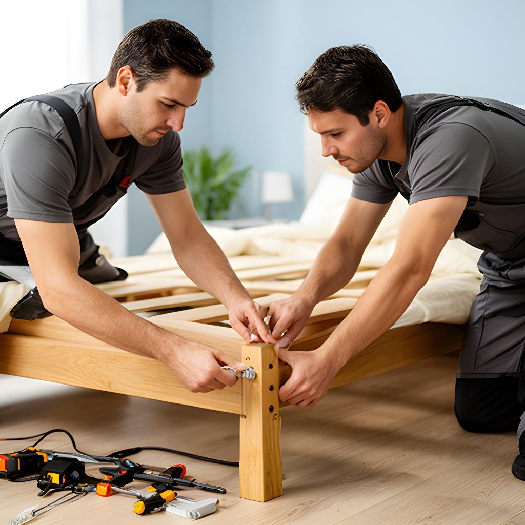 Delivery team assembling a sturdy bed frame in a customer's bedroom