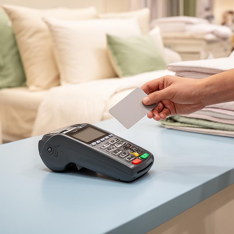 Contactless card payment being made at a bedding shop counter with pillows in the background