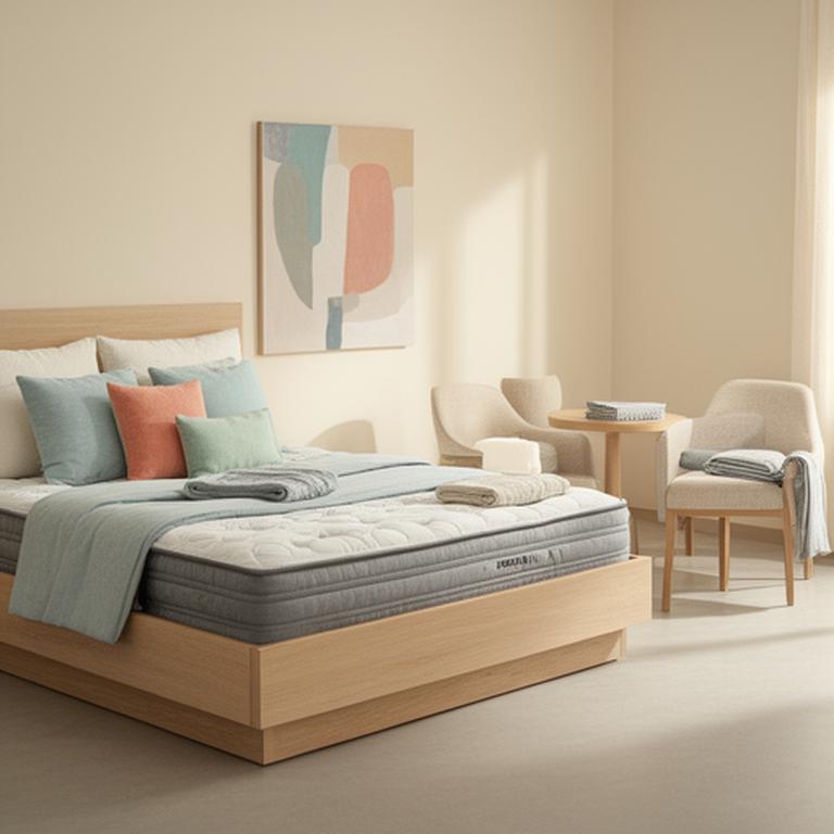 Freshly dressed showroom bed beside a consultation area prepared for a mattress appointment