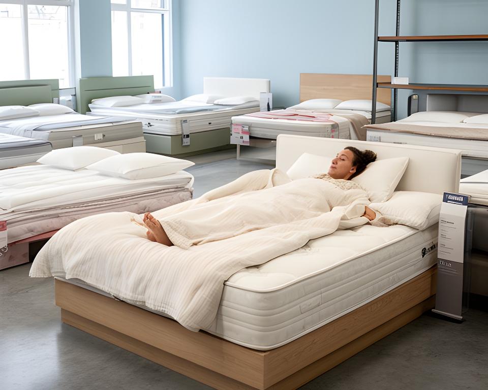 Customer testing an unwrapped mattress beside labelled beds in the Wakefield showroom