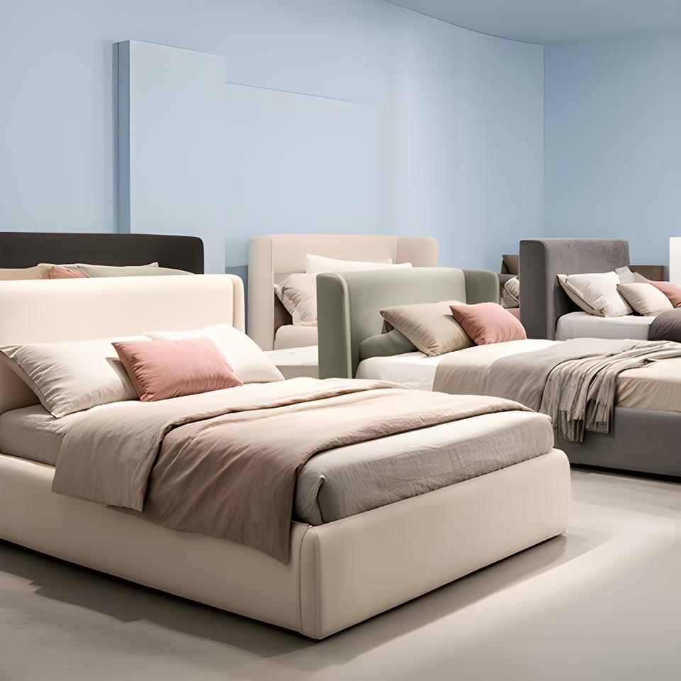 Upholstered bed frames displayed against a pale blue showroom wall