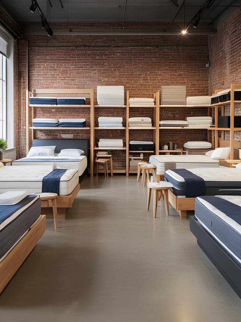 Wakefield mattress showroom interior with raw brick, concrete floors and open product racking