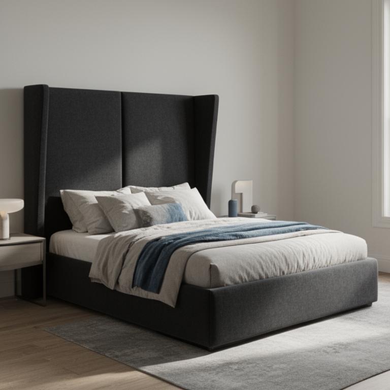 Striking charcoal upholstered bed frame with a tall headboard in a modern bedroom