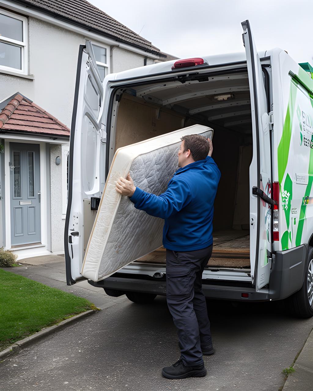 Old mattress being lifted into a marked recycling van outside a Wakefield home
