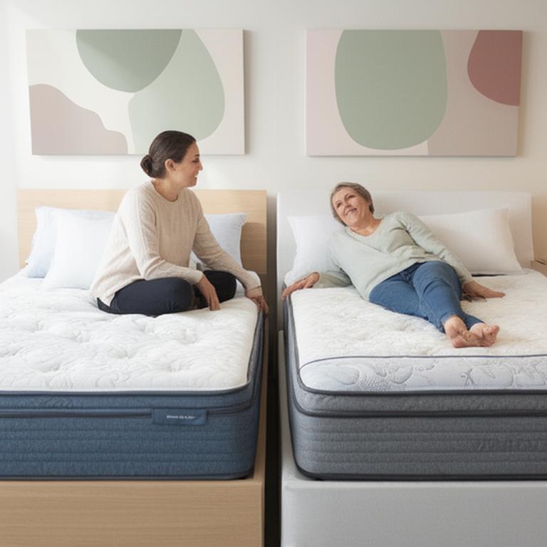 Couple testing two mattress feels side by side in a bright local bedding showroom