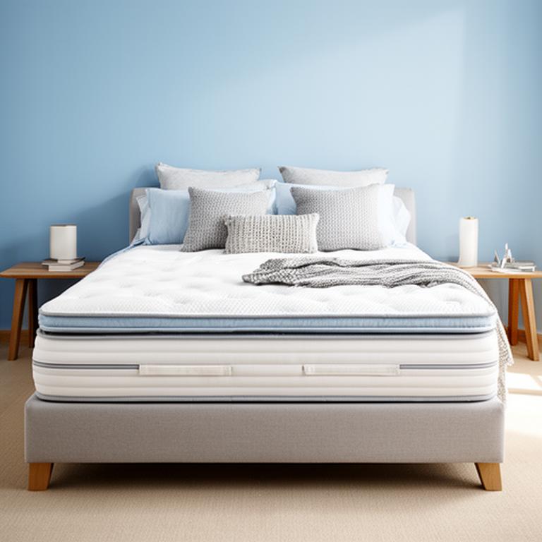 Layered mattress and linen bed in a bright Wakefield bedroom with blue walls