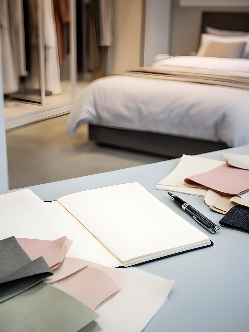 Showroom desk with enquiry notebook, fabric swatches, and a neatly made bed in the background