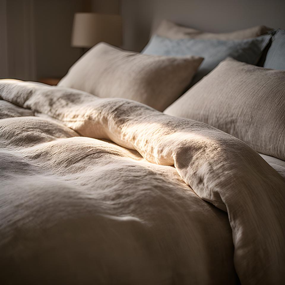 Close detail of textured linen duvet cover and layered pillows on a softly lit bedroom bed