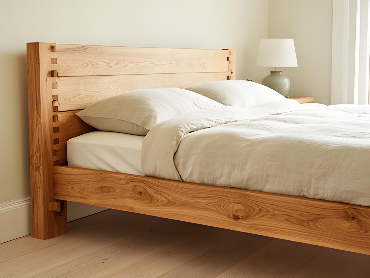 Oak bed frame with visible grain and hand-finished joinery in a bright bedroom