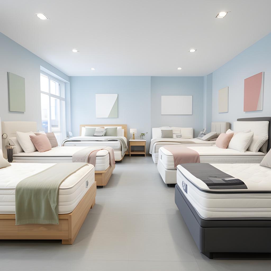 Bedding showroom with neatly dressed beds, folded linen samples and natural light in Wakefield