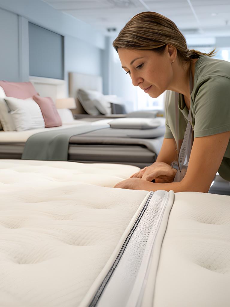 Customer inspecting the stitched edge of a mattress in a calm showroom setting
