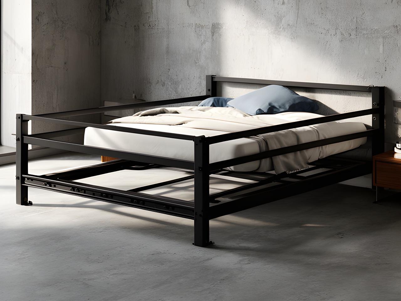 Black powder-coated metal bed frame with centre support rail in a concrete-floored bedroom