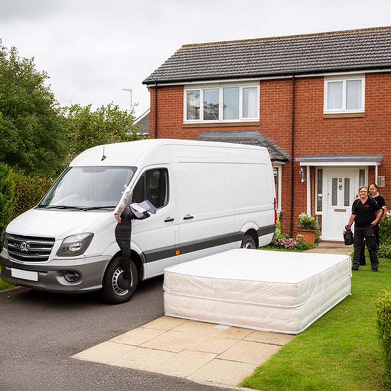 White delivery van parked outside a Wakefield home beside a prepared mattress delivery
