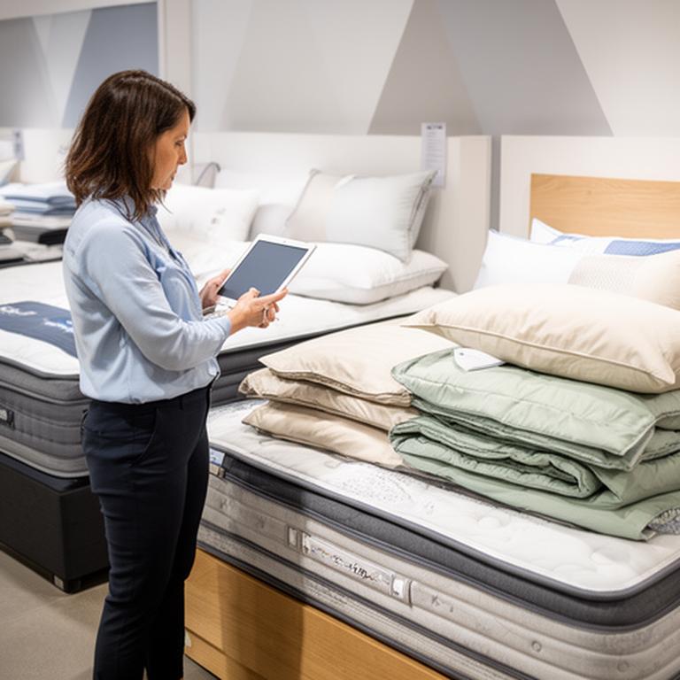 Customer reading bedding product details beside a neatly arranged mattress showroom display