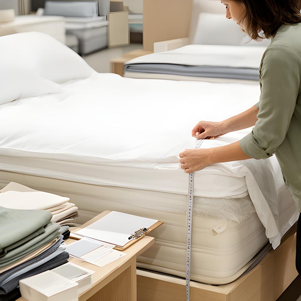 Showroom bed dressed with white linen while a bedding adviser checks sheet depth beside it