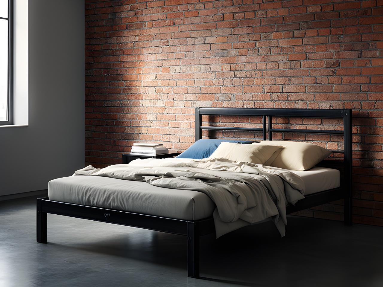 Industrial black steel bed frame beside a brick wall in a softly lit bedroom