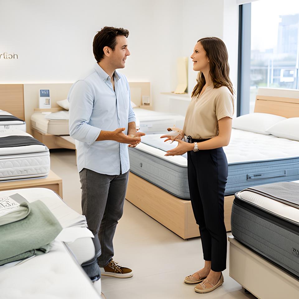 Customer discussing mattress sizes with a bedding adviser in a bright showroom