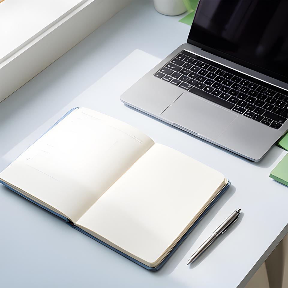Open notebook and laptop on a tidy desk prepared for reviewing privacy information