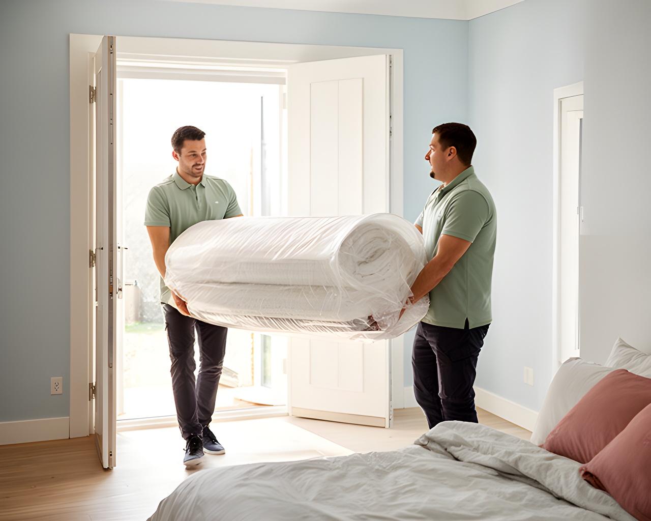 Two delivery crew members carrying a wrapped mattress through a bright home doorway