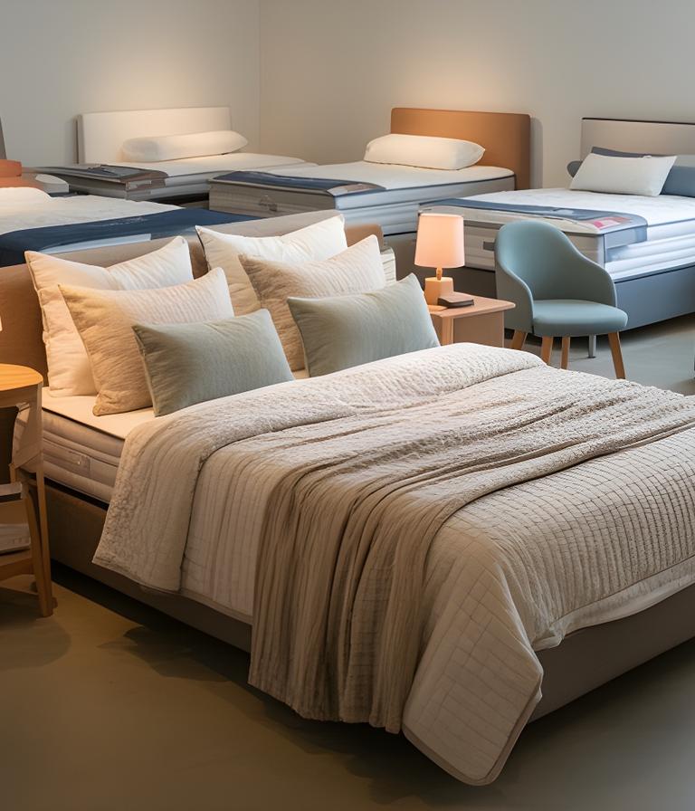 Cosy showroom bed setup with layered pillows and a mattress ready for testing