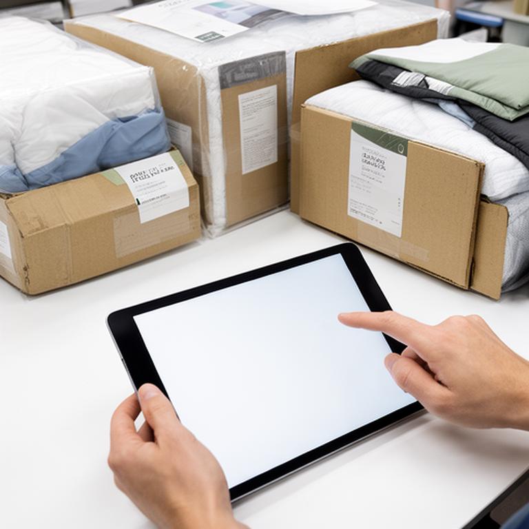 Hand checking a mattress order on a tablet beside boxed bedding products