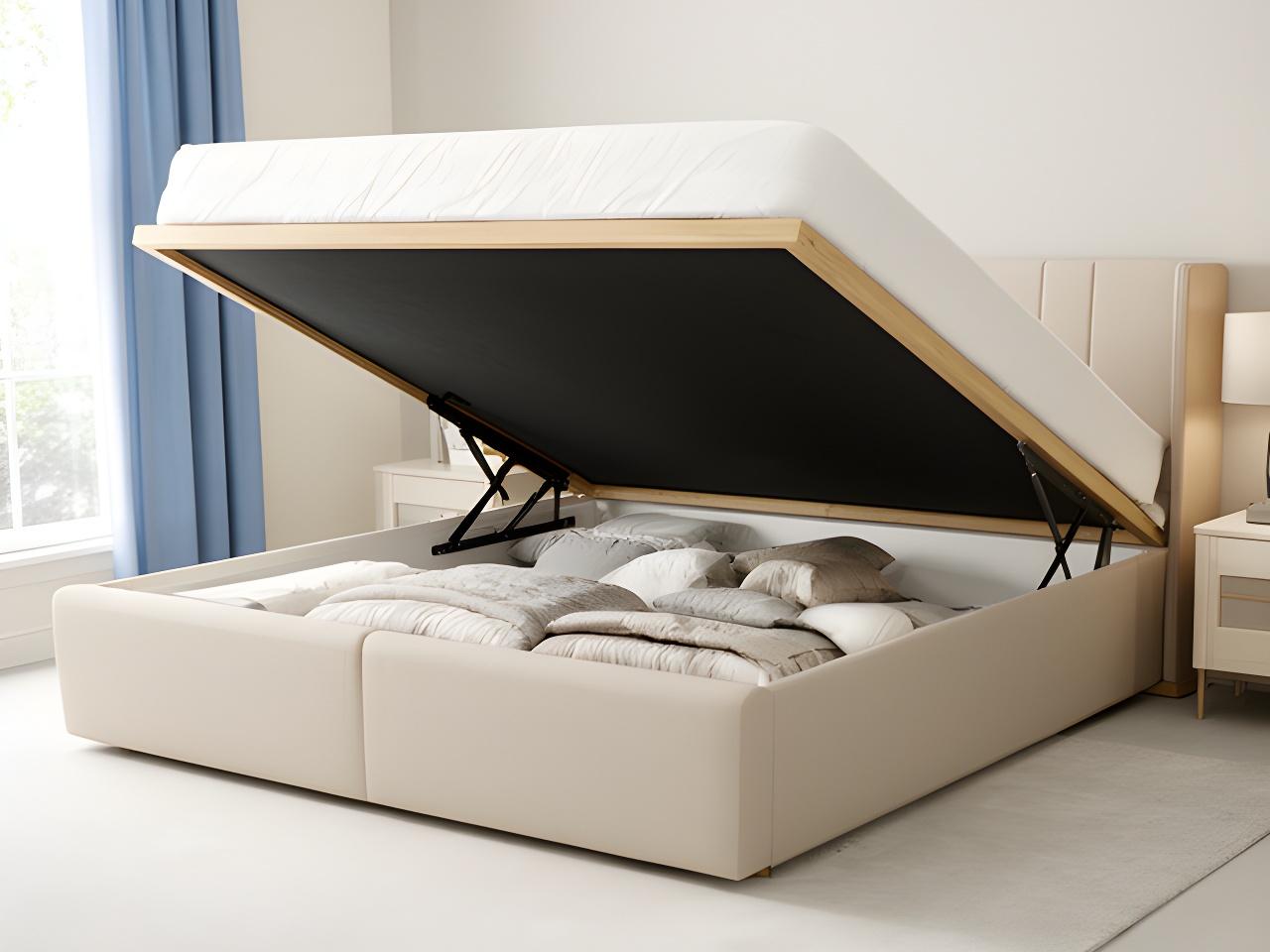Ottoman storage bed lifted open to show full under-bed storage capacity in a tidy bedroom