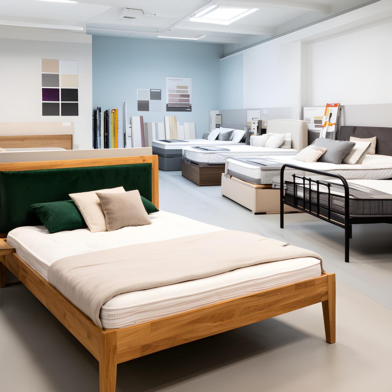 Bed frame showroom display with timber, upholstered, and metal designs in Wakefield