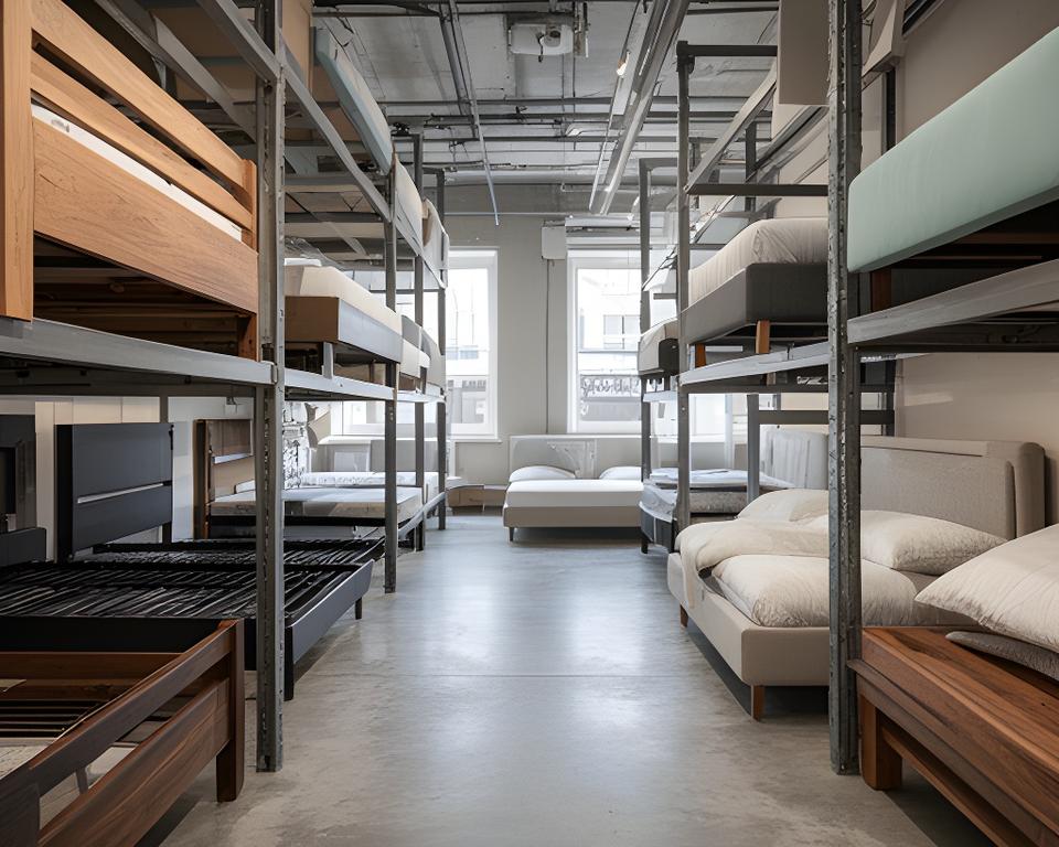Solid bed frames and headboards arranged on industrial racking inside a Wakefield bed shop