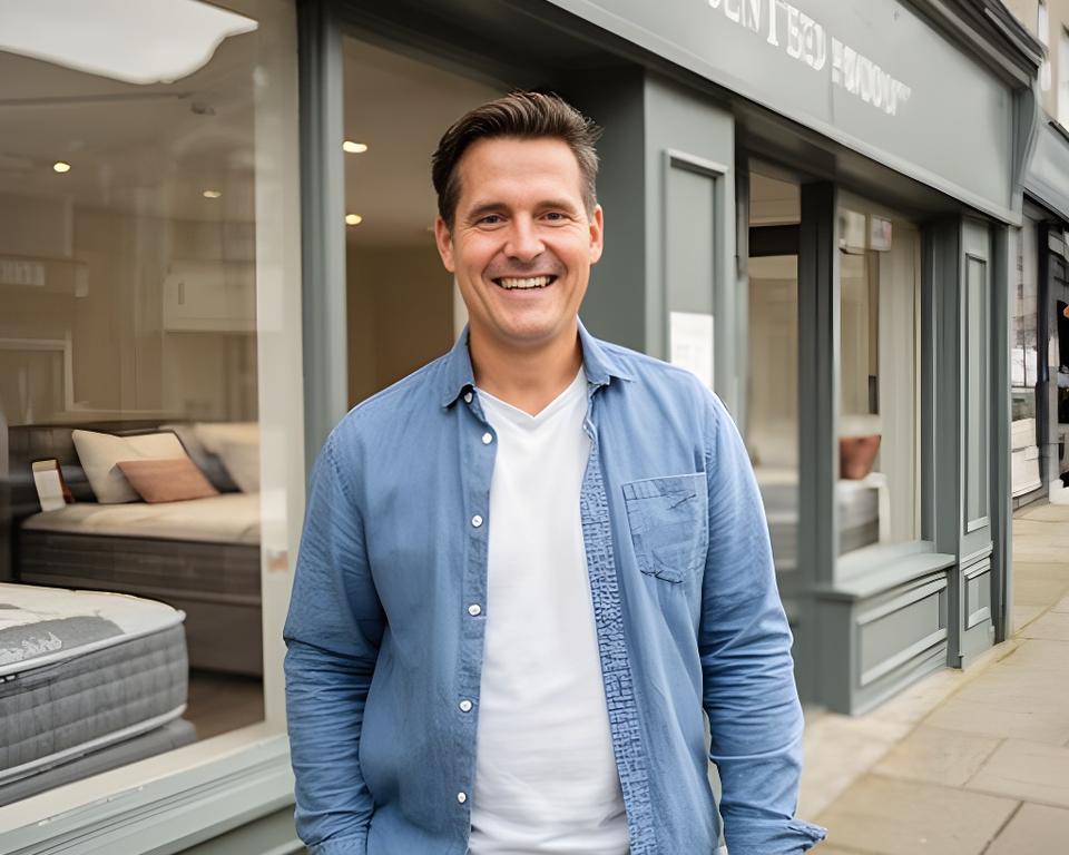 Smiling customer standing outside the Carnforth Avenue showroom after choosing a new bed