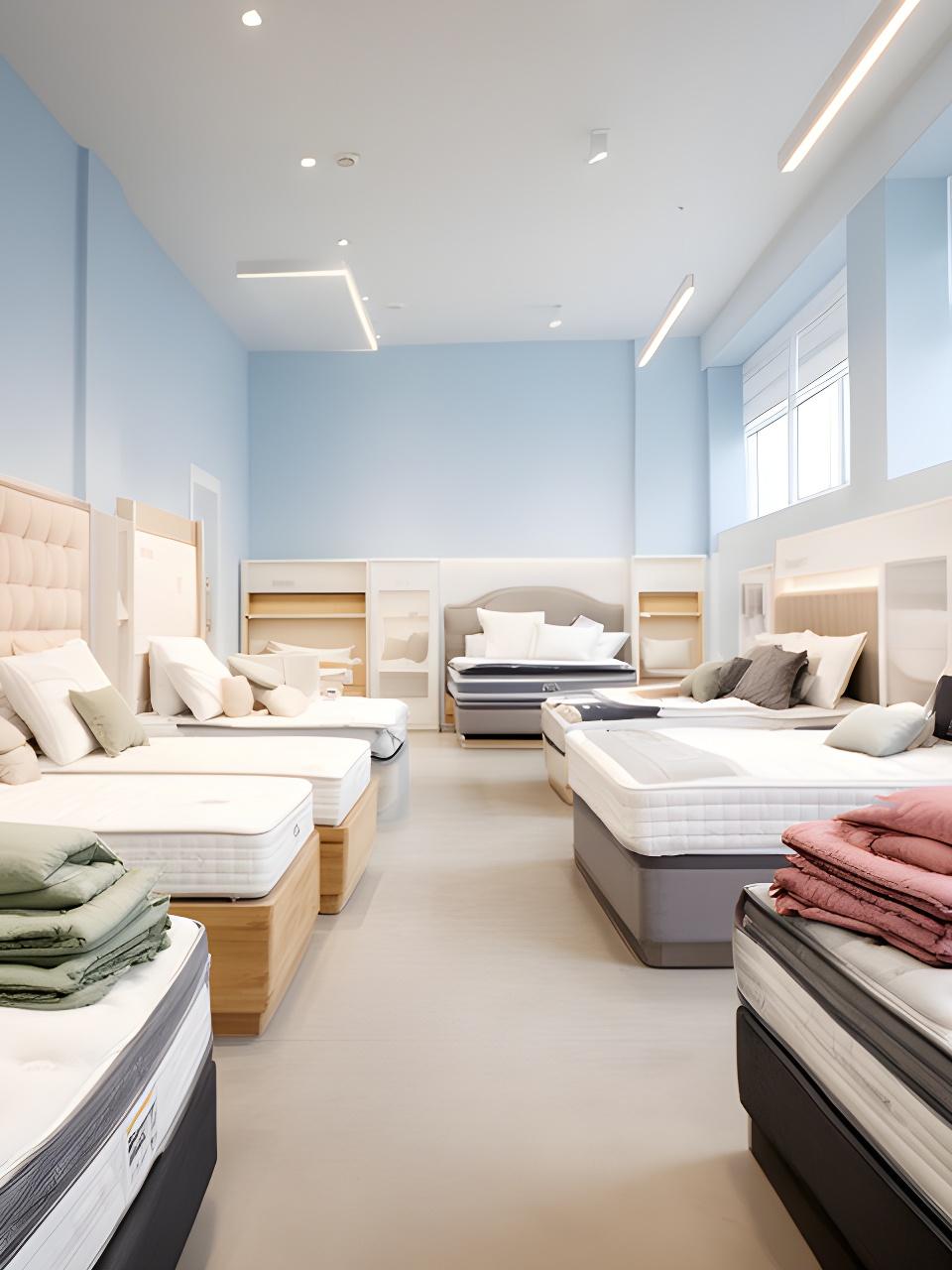 Bright Wakefield bedding showroom with arranged mattresses, pillows, and bed displays